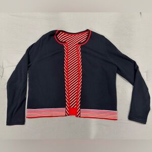 CAbi blue and red striped reversible sweater, size large. Thick soft material.